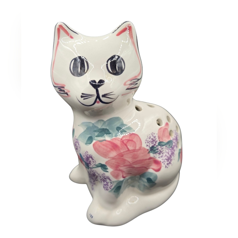 Vintage Levine Inc Pomander Potpourri Ceramic Kitty Cat W/ Cork Plug Floral Cute